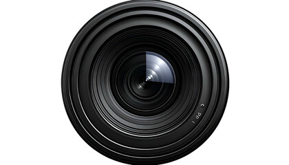 A sleek, close-up view of a camera lens against a stark black background