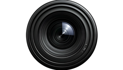 A sleek, close-up view of a camera lens against a stark black background