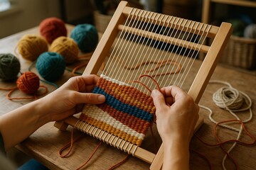 Close-up of Hands Weaving Colorful Yarn on a Wooden Hand Loom