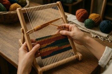Hands Weaving Colorful Yarn on a Small Wooden Loom