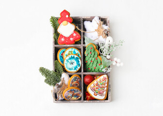 Christmas Gingerbread Cookies and Decorations in a Wooden Gift Box