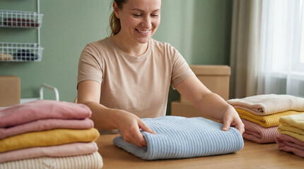 Smiling woman neatly folding colorful clothes on wooden table in cozy home interior with organized shelves and soft natural daylight