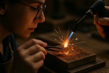 Jeweler Soldering a Ring with a Torch, Creating Sparks