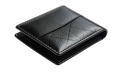 Sleek, black leather wallet with unique diagonal stitching and an isolated background