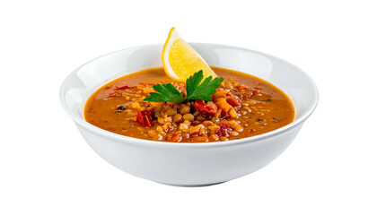 A white bowl filled with a hearty lentil soup, garnished with lemon and parsley
