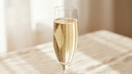 Sparkling champagne in elegant flute glass on soft beige tablecloth with golden morning light and delicate bubbles rising slowly