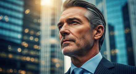 Confident senior businessman in city, looking away with thoughtful expression at sunset