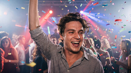 Joyful young man dancing at a lively party surrounded by colorful confetti and cheerful crowd in a vibrant nightlife scene