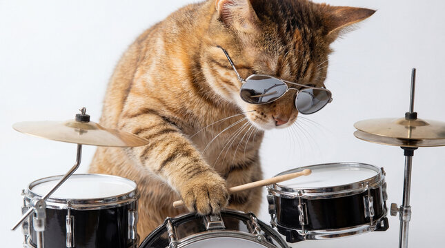 Cool tabby cat wearing sunglasses energetically playing drums with wooden sticks on small percussion set in bright studio setting