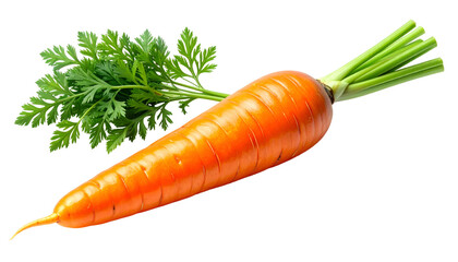 A single, vibrant orange carrot with green leafy top isolated on a black background
