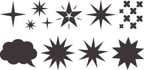 Monochrome collection of abstract starburst and explosion shapes with speech bubble