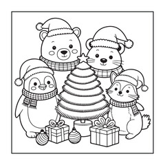 Christmas-themed, fully detailed black and white coloring pages with Christmas elements in a cute style for adults and teens.