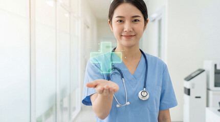 Smiling nurse in modern hospital corridor presenting glowing digital healthcare cross symbol with futuristic medical technology concept