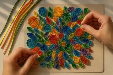 Hands Crafting Vibrant Paper Quilling Art Design