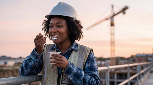 Female construction worker enjoying snack break at industrial site during sunset, wearing safety helmet and reflective vest - Powered by Adobe