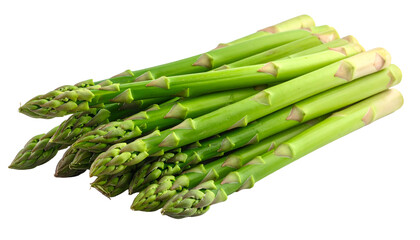 A bunch of vibrant green asparagus stalks, tips facing outward, on a transparent background