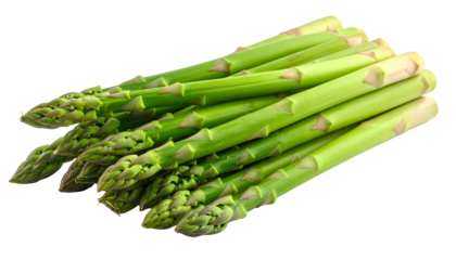 A bunch of vibrant green asparagus stalks, tips facing outward, on a transparent background