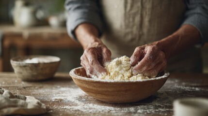 Fototapeta premium Person's hands kneading dough in a wooden bowl on a wooden table. the person is wearing a beige apron and appears to be in the process of making a dish.