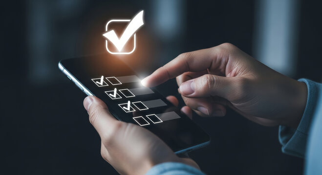 Hand selecting checkbox on smartphone screen with glowing check mark for survey or approval concept