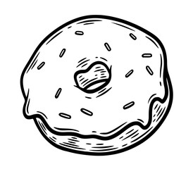 Hand drawn donut, monochrome engraving, line art style vector illustration isolated on white background