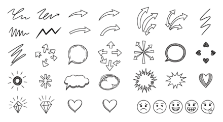 Collection of hand drawn arrows and emoticons in black and white