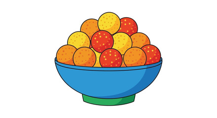 A colorful cartoon illustration of a blue bowl filled with various fruits