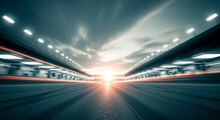 Motion blurred race track circuit background with light trails at sunset