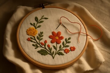 Handmade Floral Embroidery in Hoop with Needle and Thread