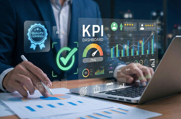 Businessman using AI analytics tools and KPI report dashboards for data driven decision making, tracking growth performance, business reporting, data visualization and team productivity tracking