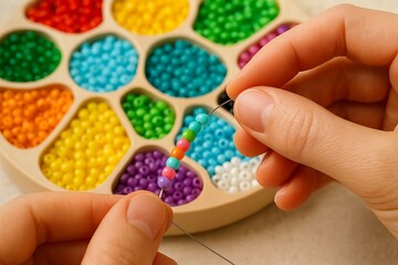Hands Threading Colorful Beads for Creative Jewelry Making
