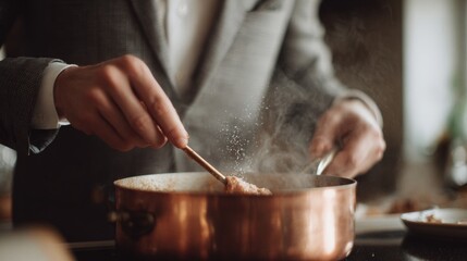 Person's hands holding a wooden spoon and stirring a pot on a stovetop. the pot appears to be made of copper and has a handle on one side.