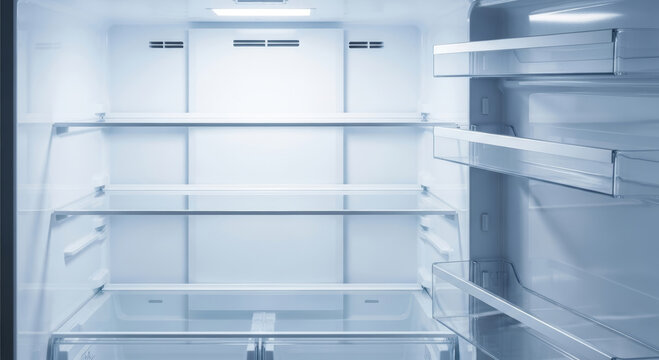 Open empty white refrigerator interior with clean glass shelves and blue light background