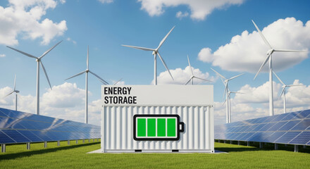 Renewable energy storage container with solar panels and wind turbines