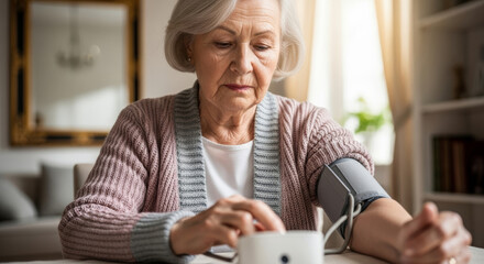 Senior woman checking blood pressure at home with digital monitor for heart health and control