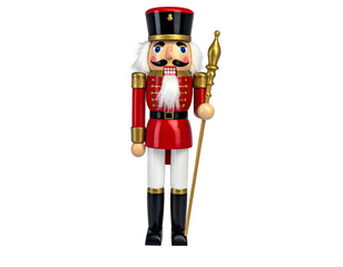 A standing, decorative wooden figurine of a nutcracker in a red and black uniform