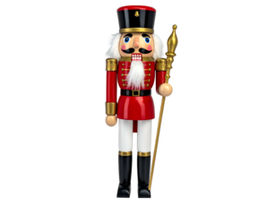 A standing, decorative wooden figurine of a nutcracker in a red and black uniform