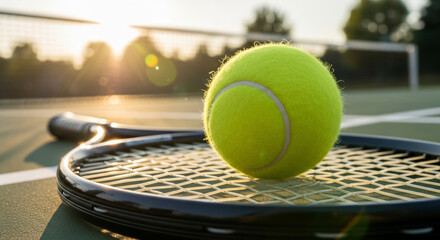 Tennis Ball on Racket at Sunset Golden Hour Court Game, Sporty Active Lifestyle