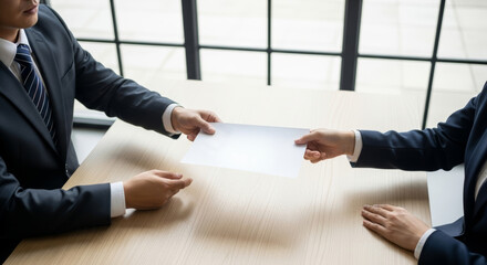 Two businessmen exchanging document during a meeting, concept of agreement or handover