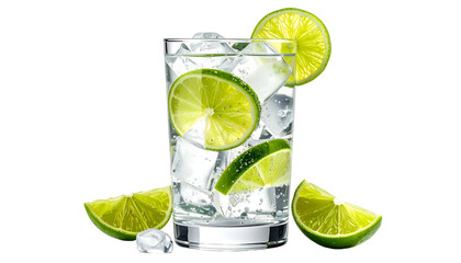 Refreshing drink in a glass with ice and lime slices against a black background