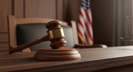 Wooden judge gavel on desk in courtroom with American flag background for law and justice concept