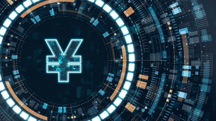 Motion graphic of a glowing yen currency symbol integrated into a rotating HUD interface that represents digital finance, global economy, and futuristic financial technology motion. - Powered by Adobe