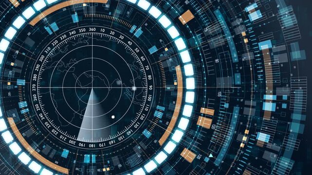 Motion graphic of a futuristic radar screen with sweeping scan lines, world map details, and HUD elements that visualize surveillance, navigation, and data tracking systems.