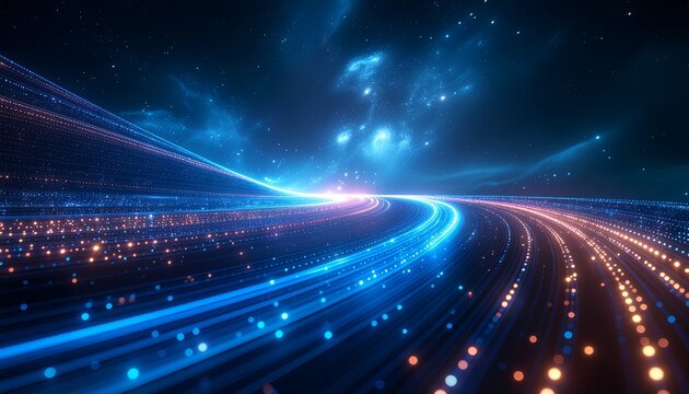 Abstract digital network flow with glowing blue and orange lights on a dark, starry background