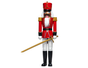 A festive, tall wooden soldier in red with gold accents, holding a sword, against black