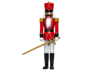 A festive, tall wooden soldier in red with gold accents, holding a sword, against black