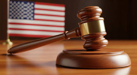 Wooden judge gavel with blurred USA flag background for American justice and law concept