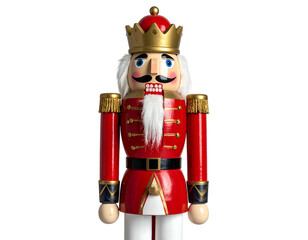 A vibrant, detailed depiction of a wooden toy soldier nutcracker, standing at attention