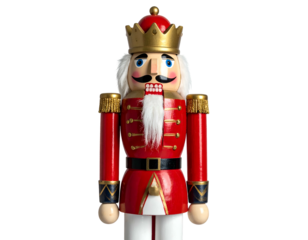 A vibrant, detailed depiction of a wooden toy soldier nutcracker, standing at attention