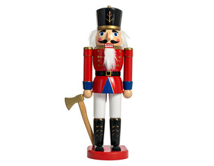 Classic wooden soldier in a red uniform, hat and axe against a black background