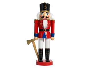 Classic wooden soldier in a red uniform, hat and axe against a black background